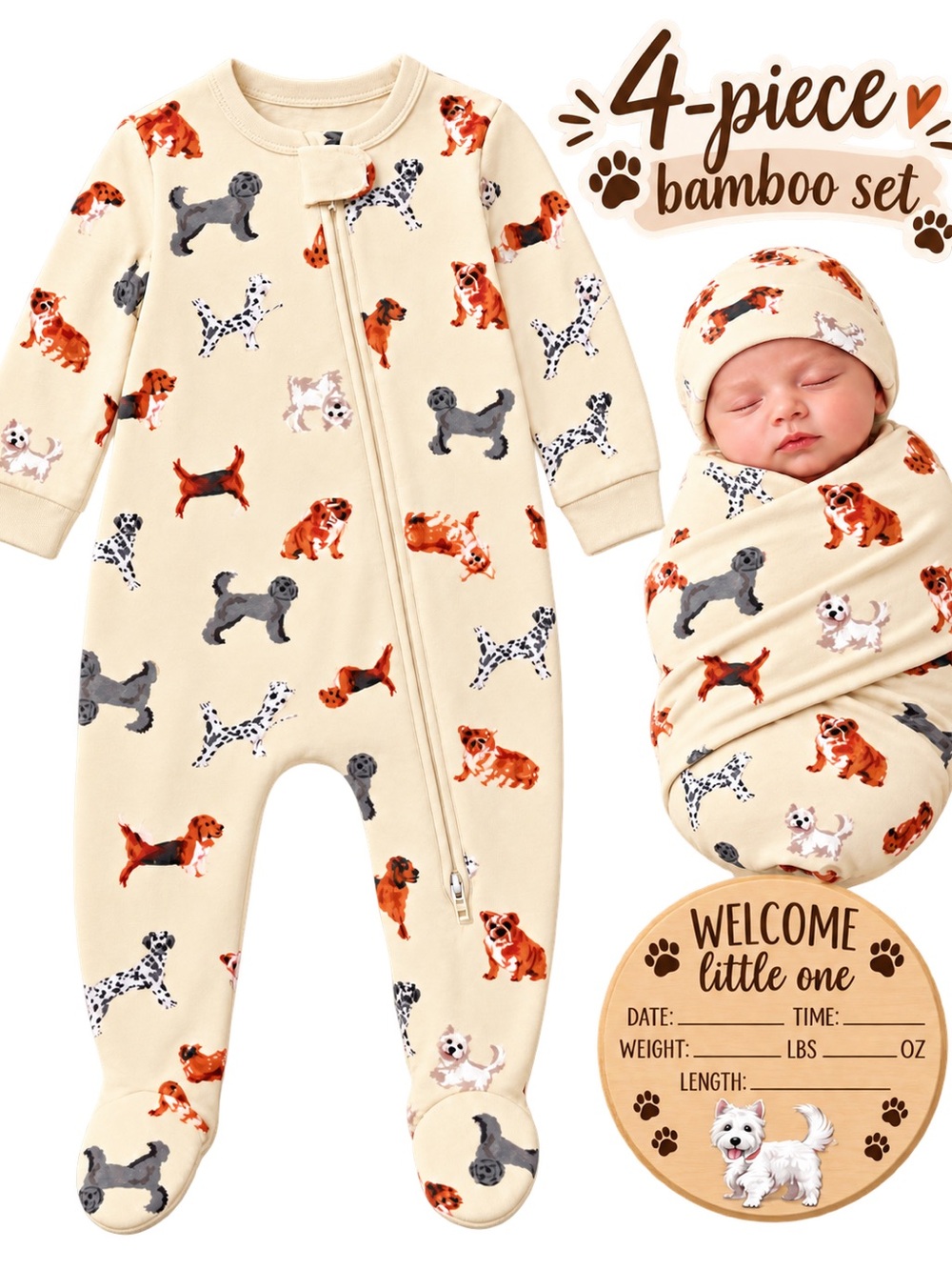 NWT Baby Essentials puppy print bamboo 4pc set – Size 3 Months.